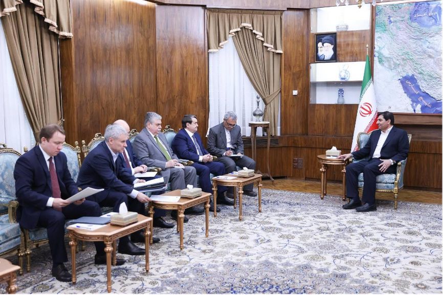 FSB officer Andrey Kharchenko (far left) at a meeting between fellow FSB officer Igor Levitin and Iran’s First Vice President Mohammad Mokhber, January 2023.