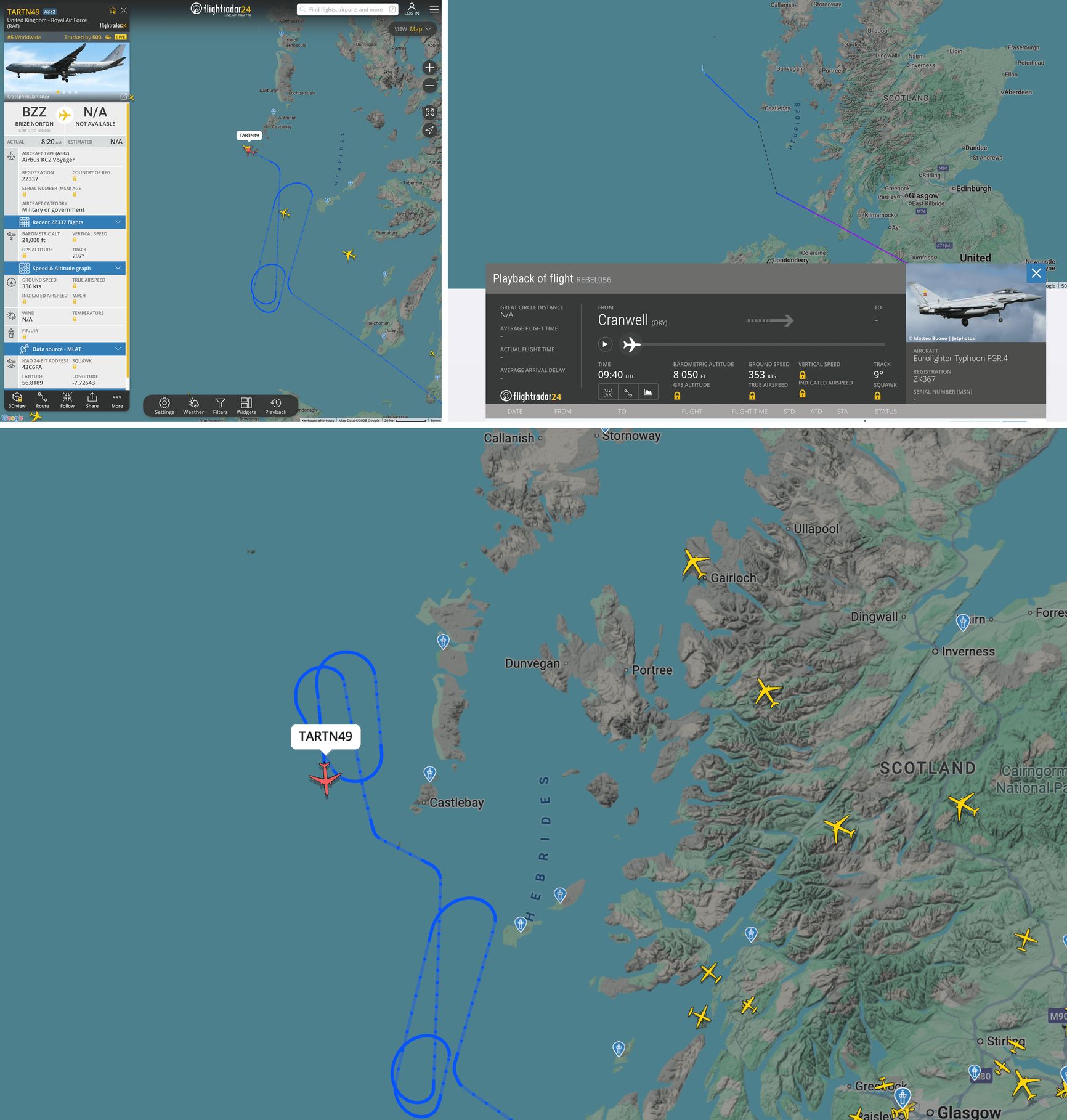 По часовой стрелке: скриншот 1 — заправщик и истребитель поравнялись и вылетели патрулировать акваторию в районе Сент-Килда, скриншот 2 — истребитель снижается и отключает сигнал, скриншот 3 — заправщик оставляет сигнал и кружит в районе Сент-Килда