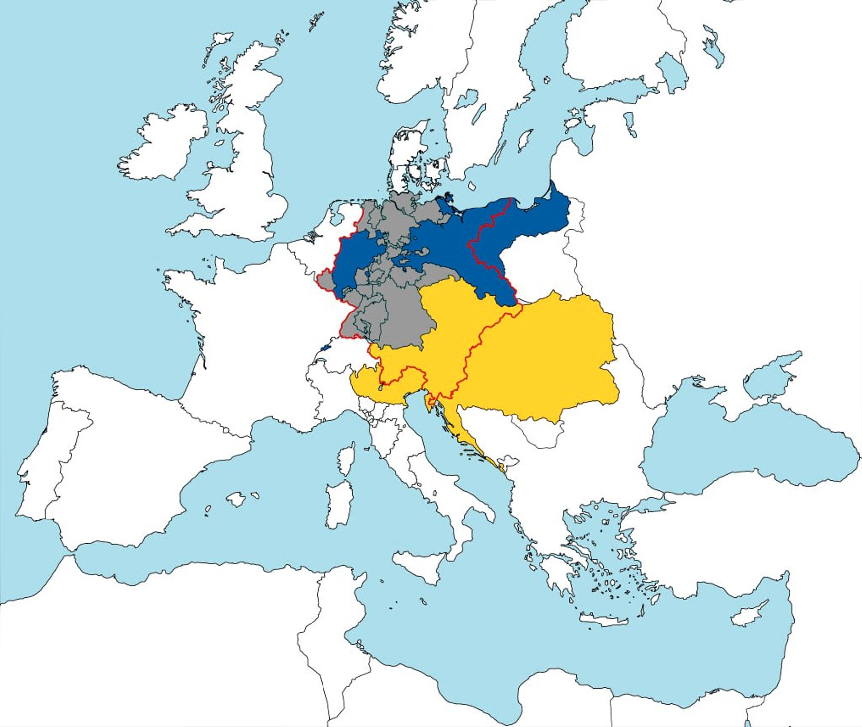 Синим цветом отмечена Пруссия, желтым — Австрийская империя, красным — границы Германской конфедерации, а серым — члены Таможенного союза на 1866 г.