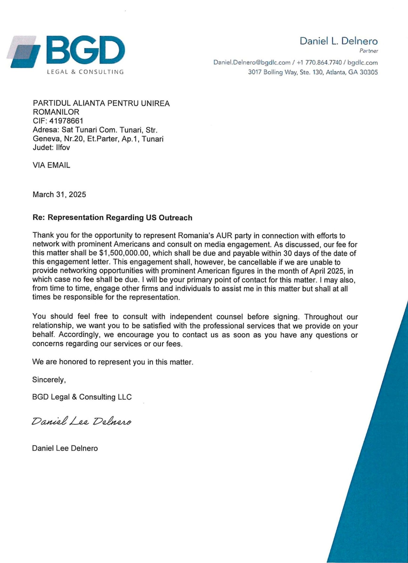 Letter to the Alliance for the Union of Romanians from the American law firm BGD Legal & Consulting with service fees