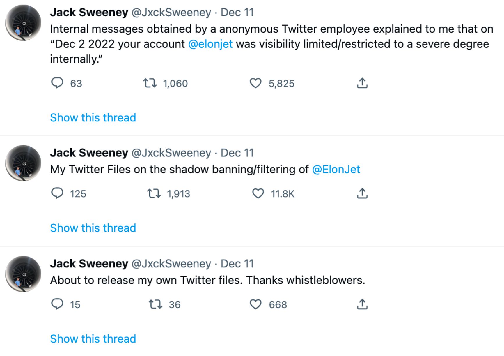 Одни из последних записей в аккаунте Джека Суини. По его информации, еще с начала декабря даже без блокировки аккаунт @ElonJet попал в теневой бан. Скриншоты: Wayback Machine