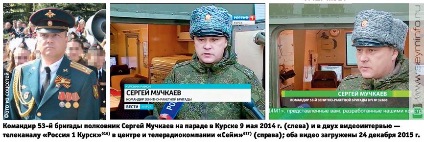 Командир 53-й бригады полковник Сергей Мучкаев на параде в Курске 9 мая 2014 г. (слева) и в двух видеоинтервью — телеканалу «Россия 1 Курск»616) в центре и телерадиокомпании «Сейм»617) (справа); оба видео загружены 24 декабря 2015 г.