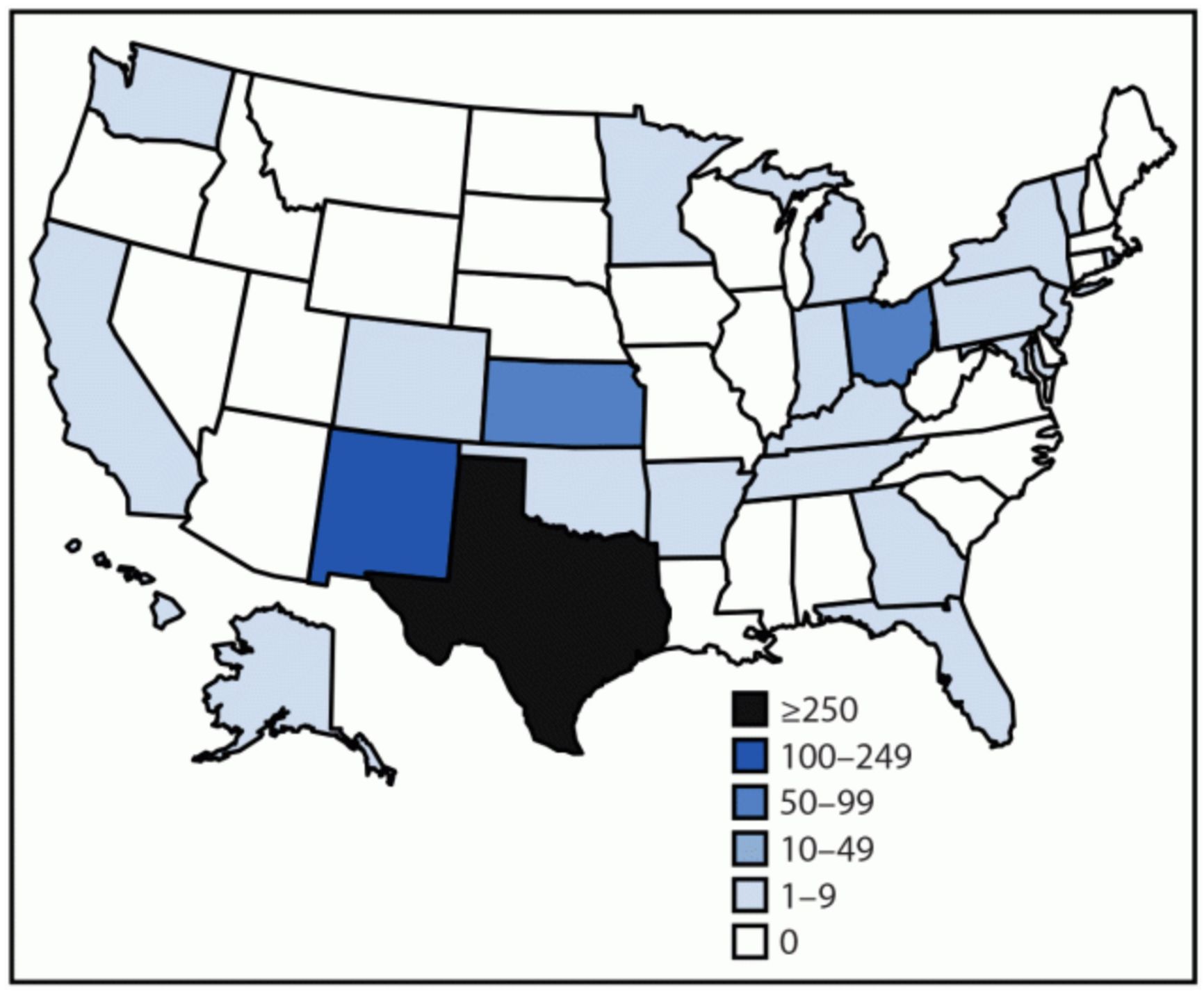 Registered number of confirmed measles cases (N = 800) by US state, January 1 – April 17, 2025. Source: cdc.gov