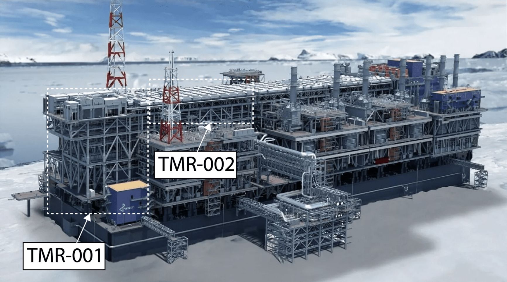 Train 2 of the Arctic LNG 2 plant. Sketch by the contractor, Chinese engineering company Wison. The modules transported on Wei Xiao Tian Shi are highlighted. The assembled train should include a total of 14 modules