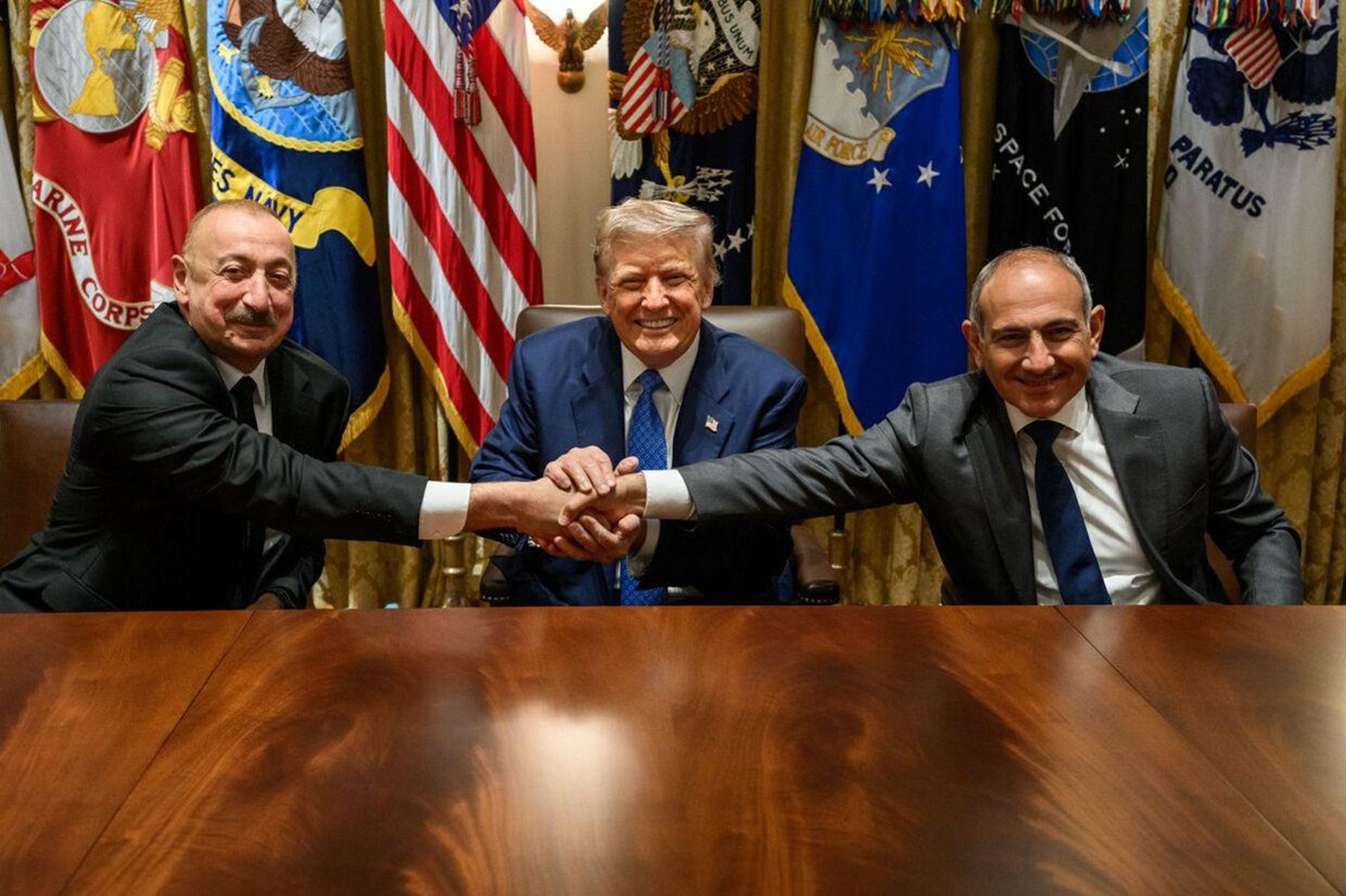 President of Azerbaijan Ilham Aliyev, Donald Trump, and Armenian Prime Minister Nikol Pashinyan in Washington, August 2025