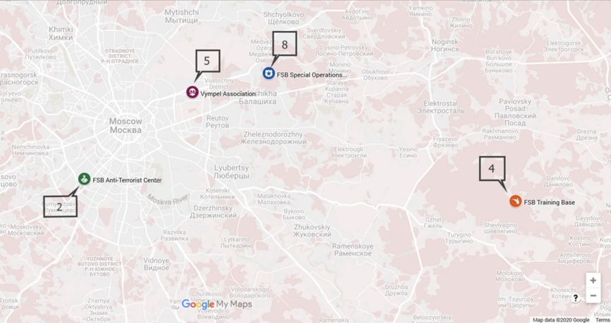 Locations visited by Krasikov, according to his phone billings. The number signifies the number of days spent at a particular location
