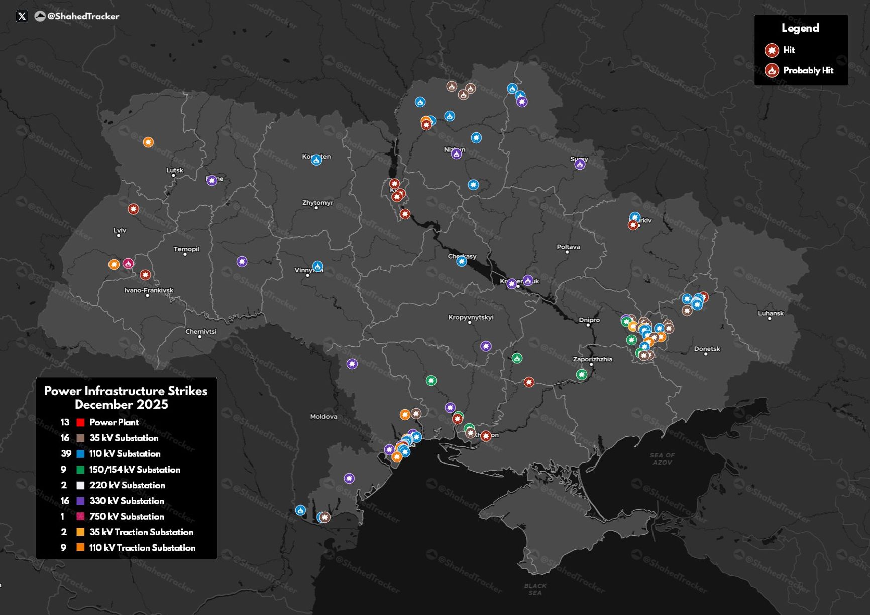 Карта ударов по объектам энергоинфраструктуры на территории Украины за декабрь 2025 года